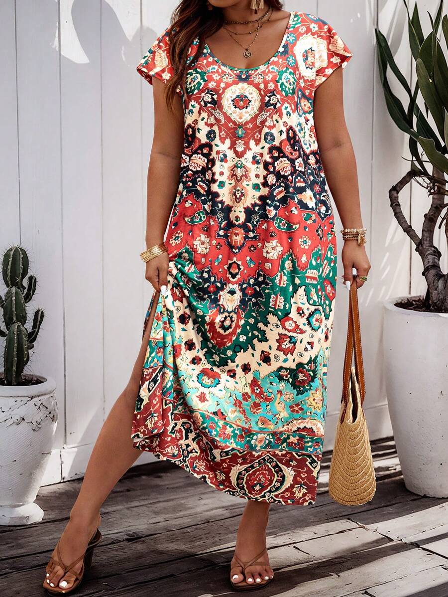 EMERY ROSE 随机印花大码圆领复古夏季连衣裙新年服装长款女装西装 - 紅色 - 查看 1