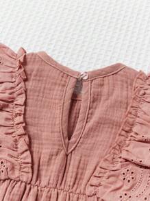 SHEIN 新生女婴白色纯棉柔软荷叶边碎花连体衣，圆领收腰设计 - 藕粉色 - 查看 5