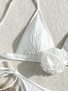 SHEIN Swim 女士夏季海灘單色3D花裝飾性感比基尼套裝 - 白色 - 查看 4