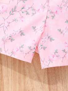 SHEIN Set de ținute cu top brodat și pantaloni scurți imprimați pentru fete adolescente
