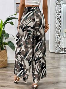 Chiquease Woven Toothpick Pleat Wide Leg Pants With Leaf Print