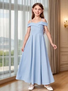 SHEIN 1pc Tween Girls' Solid Color Fitted Ruched Shoulder Sweet Knit Dress