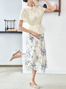 Modelyn Solid Bow Front Top & Floral Print Cami Dress Elegant Hanfu Sets, Hanfu Sets - Multicolor - View 6