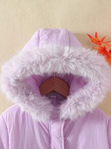Tween Girls Fuzzy Trim Hooded Padded Coat Without Sweater - Purple - View 6