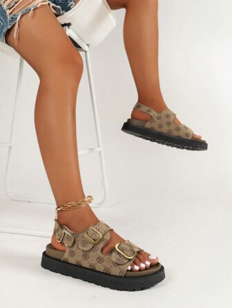 Women's Stylish Wedge Heel Platform Slides With Metal Buckle Decoration, Chunky Bottom Sandals Valentines