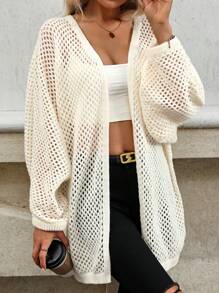 SHEIN LUNE Cárdigan largo abierto de punto con hombros caídos - Blanco - Ver 3