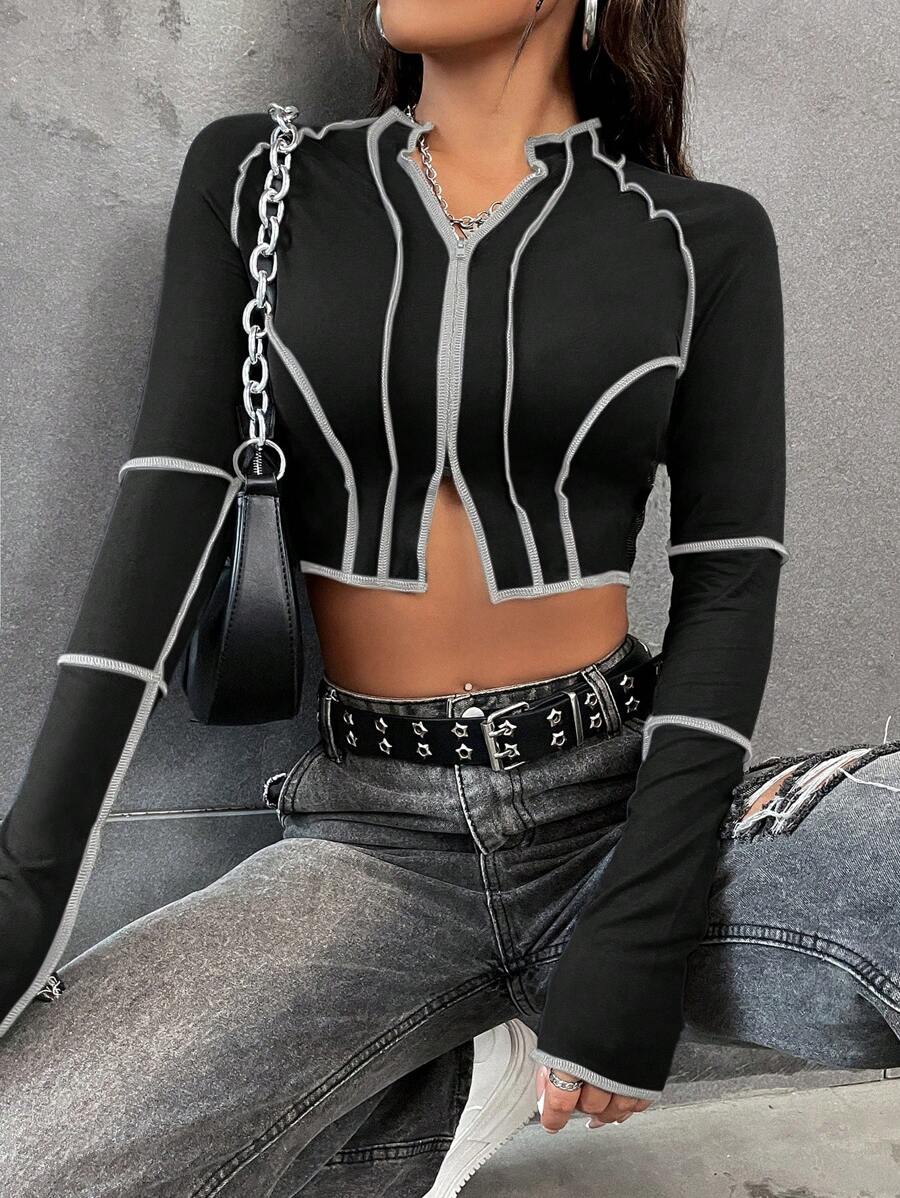 SHEIN Unity Áo thun nữ dáng ôm dài tay, khóa kéo phía trước, kiểu crop top, thích hợp cho mùa xuân/hè và thu. - Nhiều màu - Xem 1