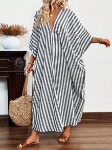 Breezaya Striped Print Batwing Sleeve Casual Dress For Summer Maxi Women Outfit - Dark Grey - View 5