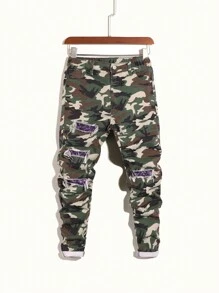 Handsome Tween Boy Personalized Ripped Embroidery Fashion Camouflage Jeans. - Multicolor - View 1