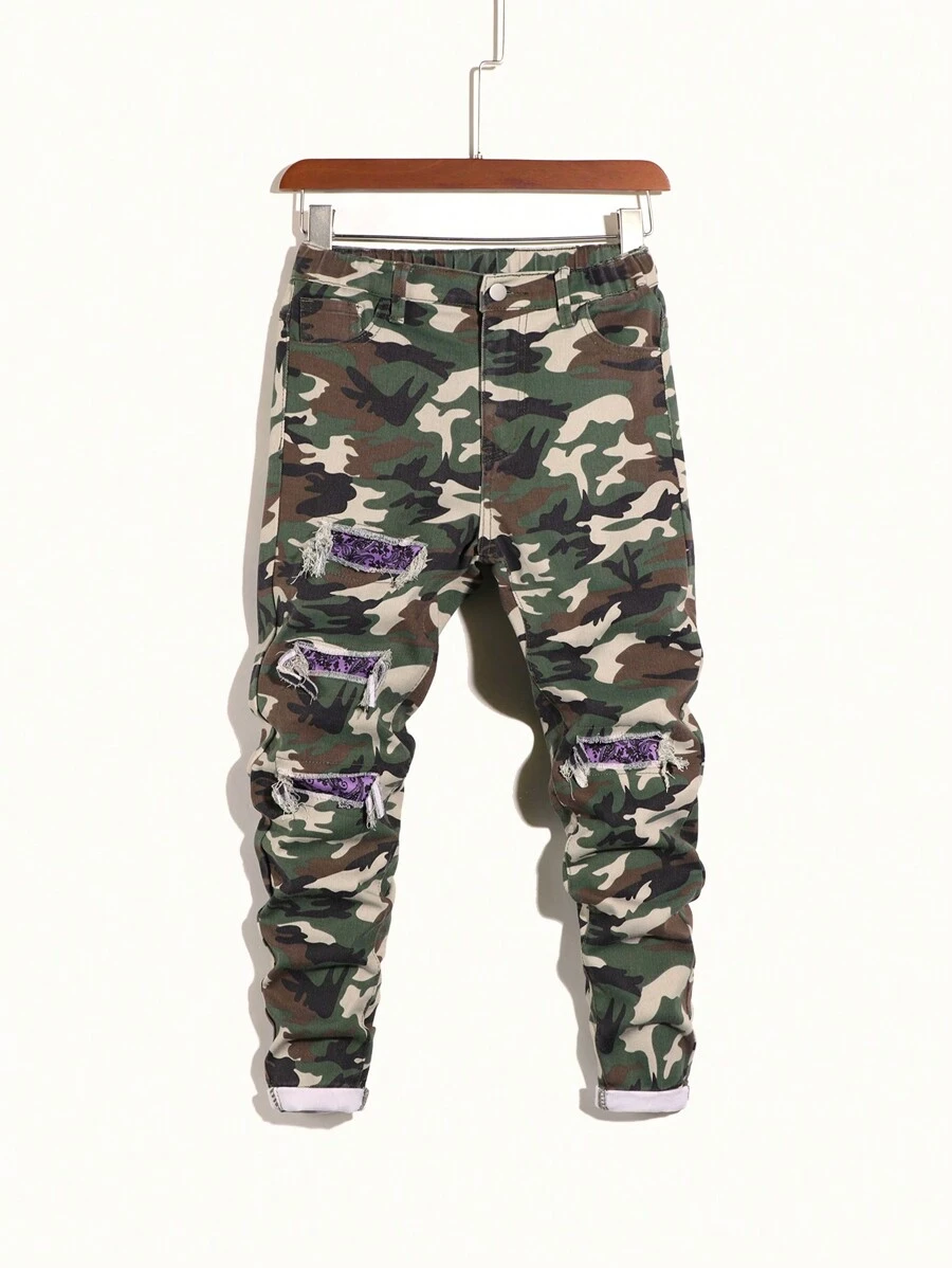 Handsome Tween Boy Personalized Ripped Embroidery Fashion Camouflage Jeans. - Multicolor - View 1