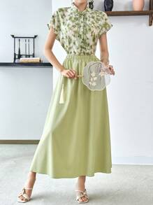 Modelyn Floral Print Tie Neck Batwing Sleeve Chiffon Hanfu Top, Improved Hanfu Top