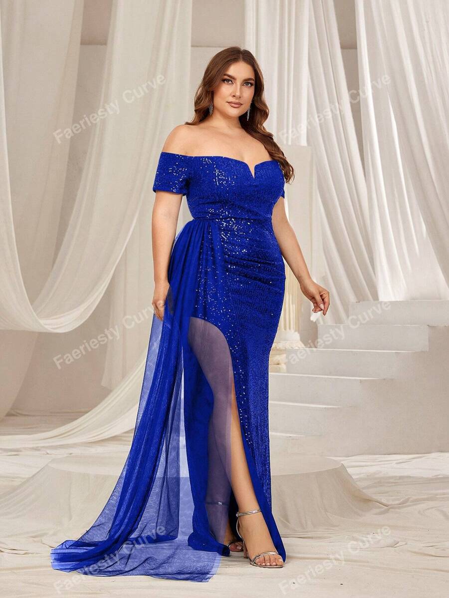 Faeriesty Plus Off Shoulder Ruched Draped Side Sequin Formal Dress Elegant Prom Evening Wedding Guest Gown, For Graduation, Dinner Party Dress
