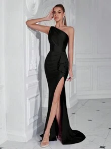 ADYCE Ladies Solid Color One Shoulder Ruffle Hem Split Hem Cocktail Party Dress - Black - View 1