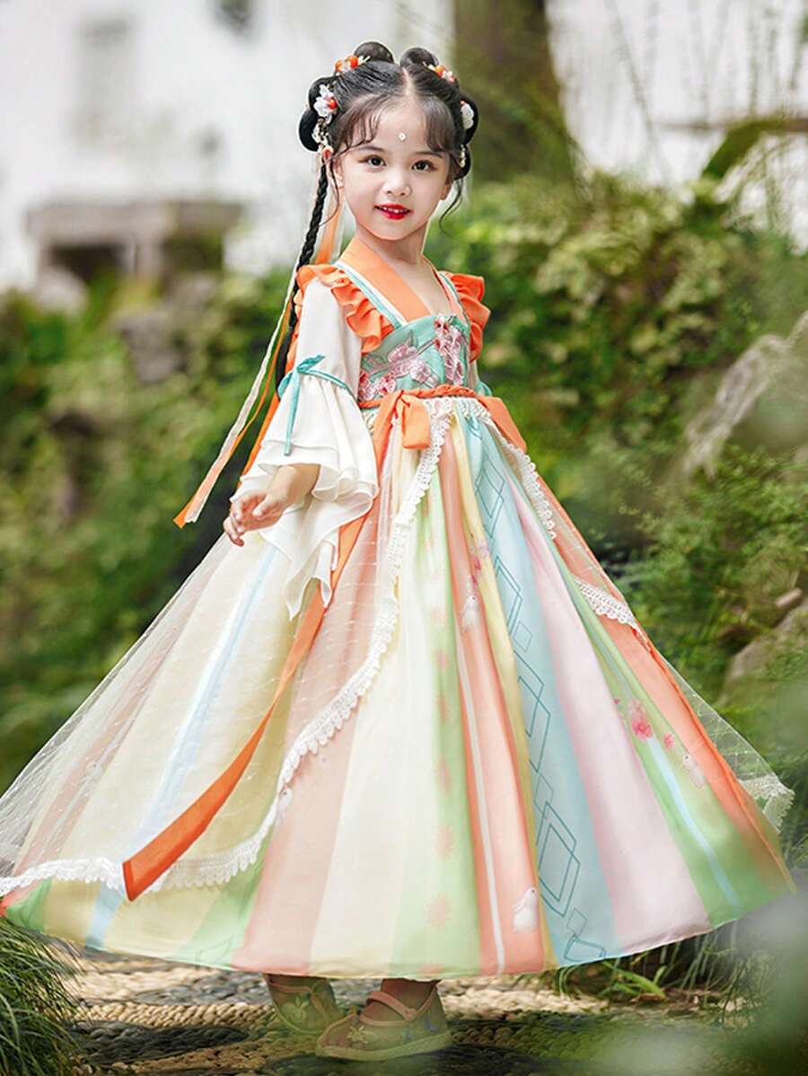 Young Girl Floral Embroidery Mesh Overlay Ruffle Trim Gown Hanfu Dress - Orange - View 1