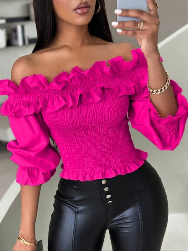 Rafferiza Solid Color Women's Cropped Open Shoulder Top With Ruched Decor