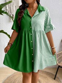 SHEIN Clasi Plus Striped Print Button Front Shirt Dress - Green - View 4