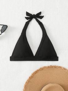 SHEIN Swim 女式夏季沙灘純色黑色頸後綁帶性感比基尼上衣 - 黑色 - 查看 6
