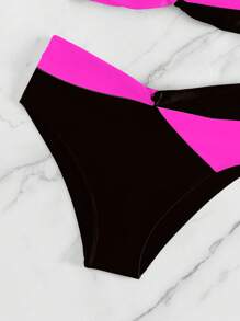 SHEIN Swim Summer Beach Hot Pink Black Color Block Twist Front Bikini Set 2 Pieces Bathing Suits For Women - Multicolor - View 5
