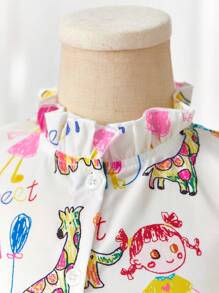 年輕女孩休閒可愛的粉色膝長連衣裙，襯托著褶邊領口，有趣的手繪卡通塗鴉圖案和不對稱拼接設計，在夏秋季節，生日禮物，派對或家庭旅行等場合非常適合穿著 - 玫紅色 - 查看 3