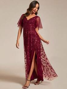 Vestido De Dama De Honor Con Escote Profundo En V, Lentejuelas Con Contraste De Corte En La Pierna - Burdeos - Ver 5