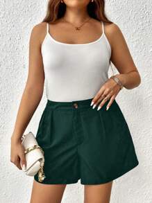 Flirla Plus Solid Wide Leg Shorts - Dark Green - View 1