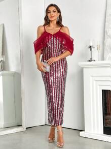 SHEIN Belle Burgundy Red Cold Shoulder Contrast Mesh Sequin Bridesmaid Dress