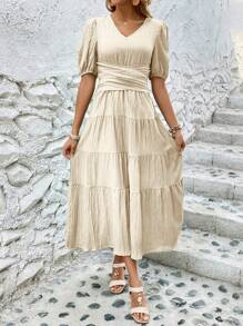 SHEIN LUNE Damska świąteczna, swobodna, jednokolorowa sukienka z rękawami latarniowymi i marszczoną talią