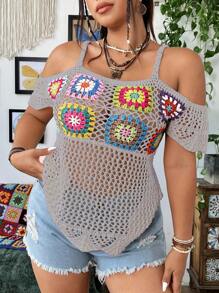 Sunnyshic Plus Size Women's Off Shoulder Floral Crochet Knitted Top - Grey - View 7