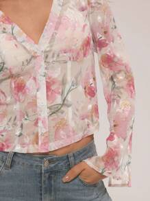 Forever 21 日常穿著花卉印花荷葉邊袖休閒襯衫 - 彩色 - 查看 6