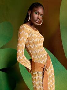 Alice McCall 设计师系带露背波浪条纹镂空针织优雅毛衣裙，秋季，适合秋冬季、节日、派对、除夕夜装 - 棕色 - 查看 3