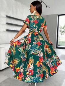 SHEIN Slayr Random Floral Print Split Hem Long Blouse - Green - View 2