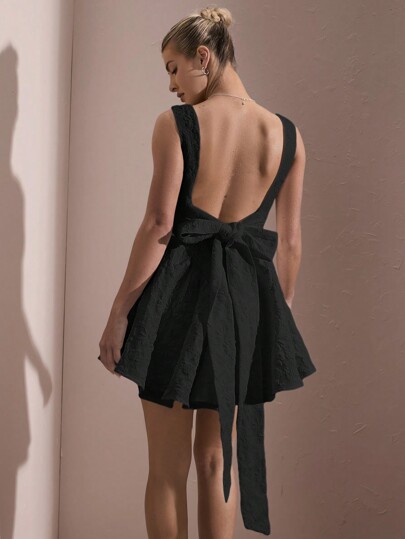 SHEIN BAE Women's Jacquard Backless Open Back Cocktail Dress With Bow Decoration, Perfect For Graduation