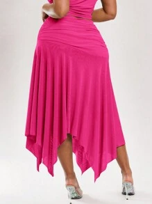 SHEIN BAE Plus Size Women's Summer Vacation Solid Color Green Asymmetrical Hem Slit Skirt - Hot Pink - View 2