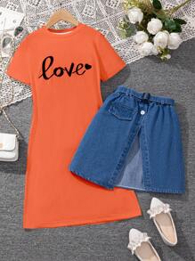 SHEIN Tween Girls' Knitted Printed Dress - Orange - View 5