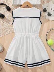 Tween Girl Sailor Collar Zipper Waist Pleated Romper - White - View 2