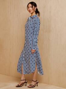 MONSE Designer Drop Shoulder Button-Down Stripe & Dots Printed Shirt Dress, Elegant Dress Outfit, For Holiday, Party, Vacation, Birthday Outfits, Spring & Summer, Festival, Ibiza Fits, Wedding Prom Dress - Blue - View 4