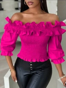 SHEIN LUNE Solid Color Ruffle Decor Off-Shoulder Cropped Top For Women - Hot Pink - View 5