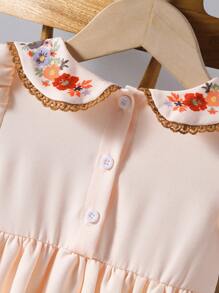 Baby Girls' Vintage French Lady Style Dress For Spring And Summer, With Lace, Printed Flowers, Peter Pan Collar, Short Puff Sleeves And Puffy Hemline