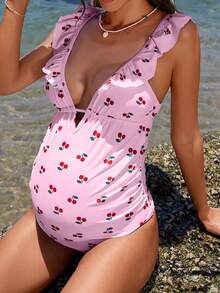 SHEIN Schwangerschafts-Bauchband Kirschprint Rüschen Einteiliger Badeanzug Sommer