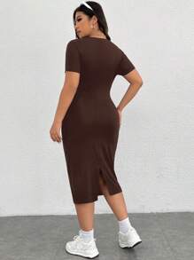SHEIN EZwear 大尺碼女士夏季純色圓領短袖針織緊身休閒連衣裙 - 咖啡棕 - 查看 2