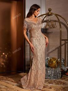 Vestido elegante de lentejuelas de red con contraste de cristales y flecos, corte ajustado tipo sirena, glamoroso para fiesta, cóctel, fiesta de boda, vestido de invitada de boda, vestido formal, vestido de noche