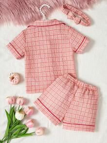 Bộ 3 Bộ Trang Phục Ở Nhà Thông Thường Cho Bé Gái Áo Cardigan Ngắn Tay In Kẻ Sọc Màu Hồng Kèm Quần Short Và Băng Đô - Bụi hồng - Xem 2