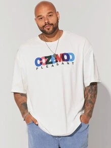 EASEVO Manfinity CozeMod 男士大码休闲宽松针织字母印花落肩短袖 T 恤，适合夏季日常穿着趣味 T 恤 - 白色 - 查看 1