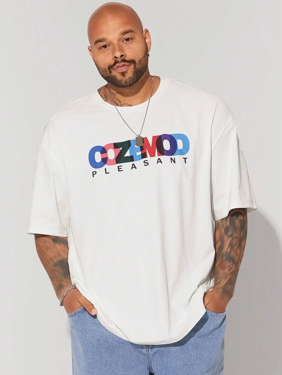 EASEVO Manfinity CozeMod 男士大码休闲宽松针织字母印花落肩短袖 T 恤，适合夏季日常穿着趣味 T 恤 - 白色 - 查看 1