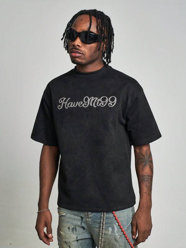 MT99 Maglietta a manica corta nera con lettera ricamata con ago triangolare retrò americano