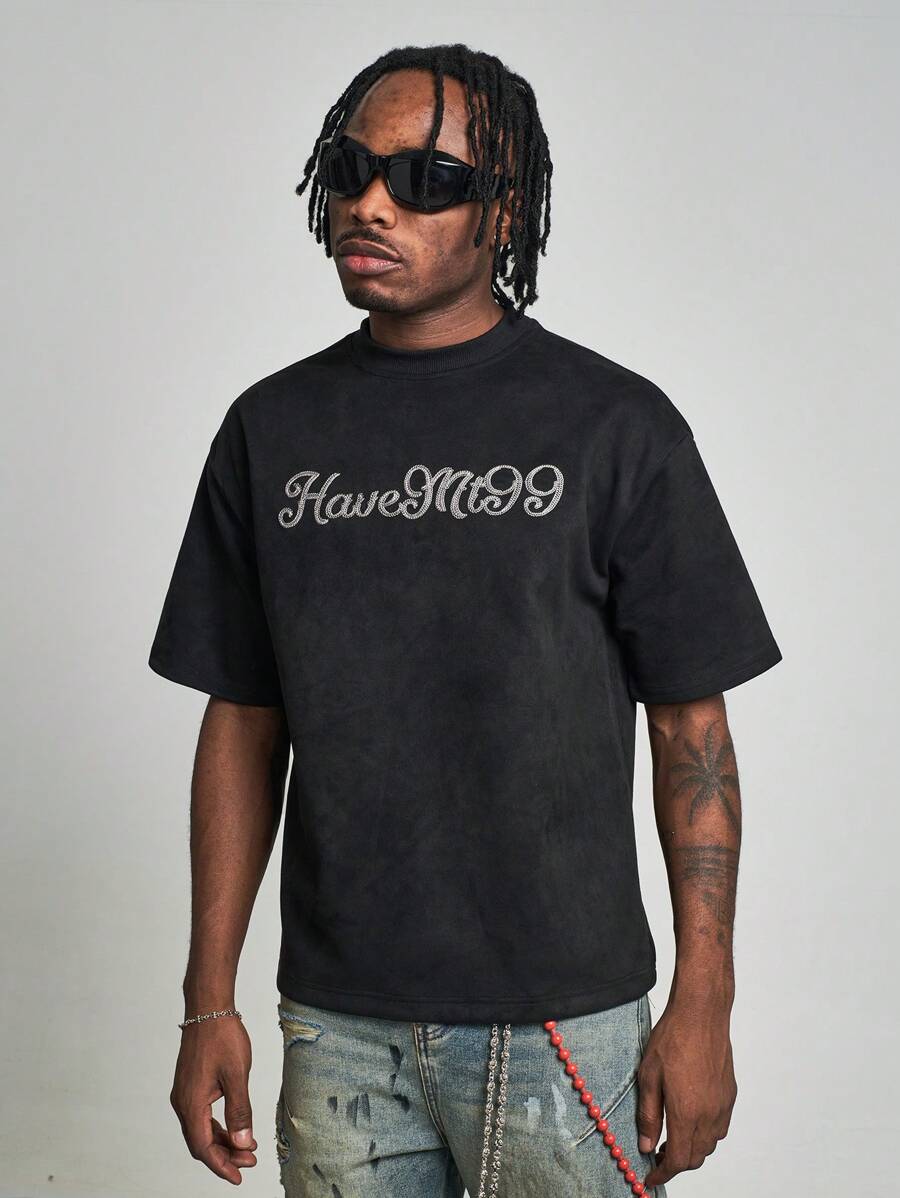 MT99 Maglietta a manica corta nera con lettera ricamata con ago triangolare retrò americano