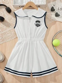 Tween Girl Sailor Collar Zipper Waist Pleated Romper - White - View 1