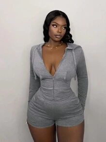 Slaydiva 2 pièces Set : Streetwear décontracté Femme Grise Shorts Moulants Avec Capuche Et Fermeture Éclair Avant