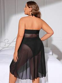 SHEIN 大码对比色网眼吊带比基尼套装夏季 - 黑色 - 查看 2