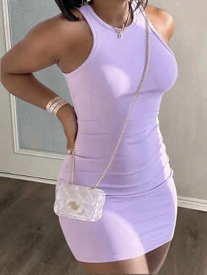 Alexandranx Sleeveless Round Neck Basic Stretchy Knit Purple Bodycon Mini Dress For Women ,Summer Dresses For Women,Lavender Dress